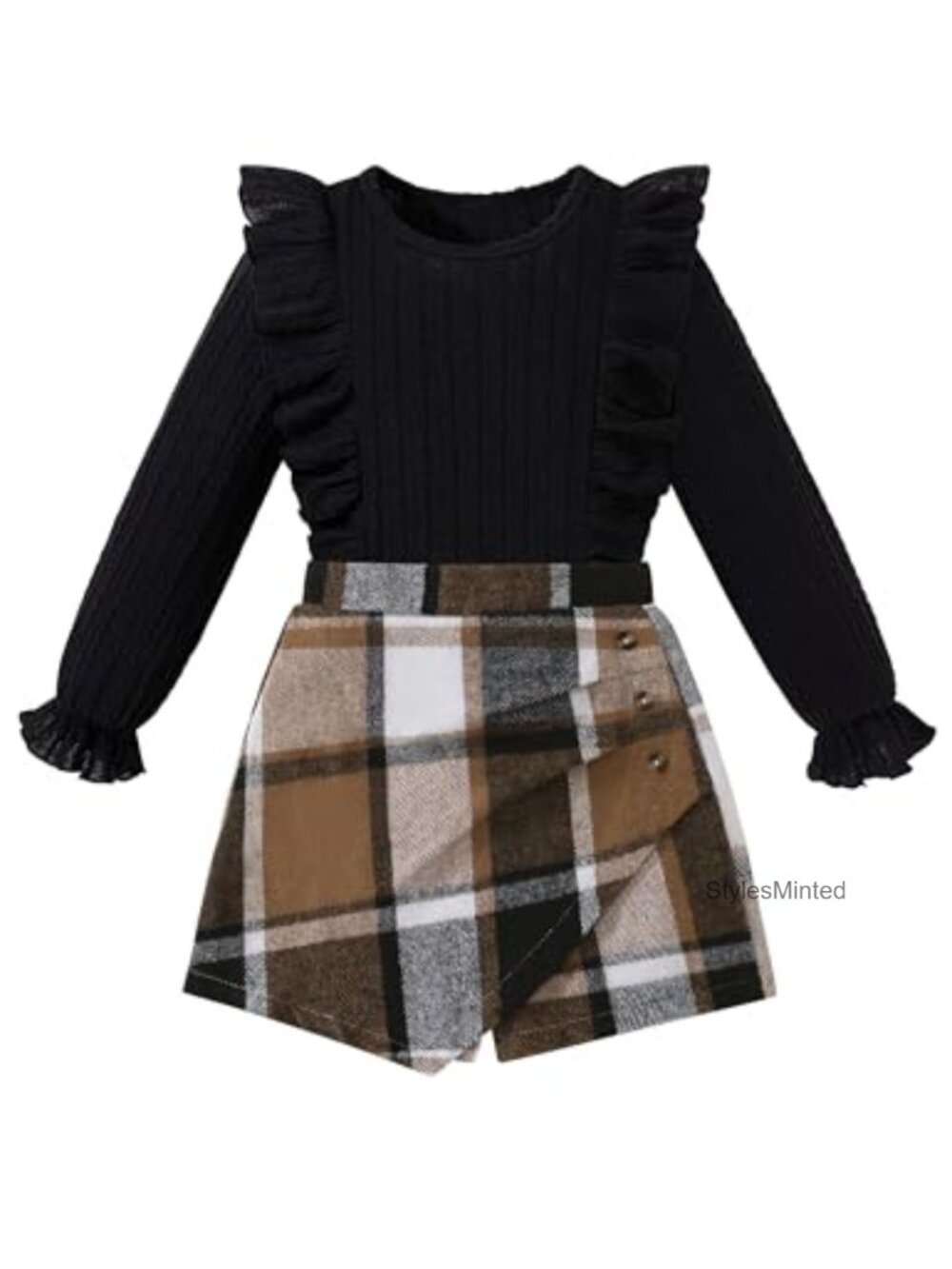 Girls Ruffled Long Sleeve Top and Plaid Skort 2PCS Set Fall Winter Outfit